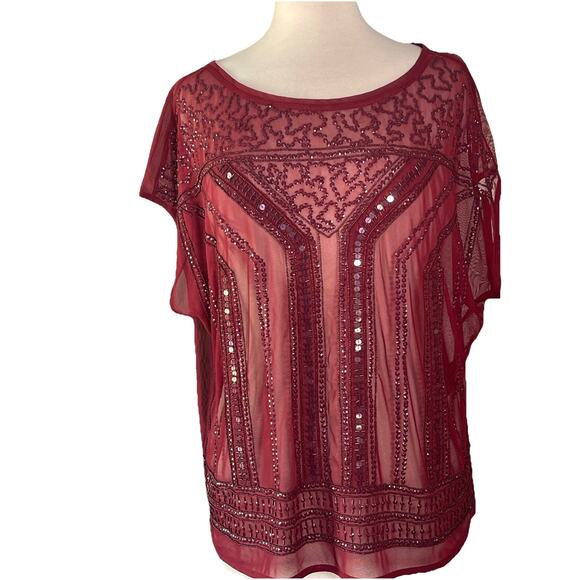 White House Black Market XL Sheer Burgundy Blouse Beaded Sequined NWT - Picture 1 of 5